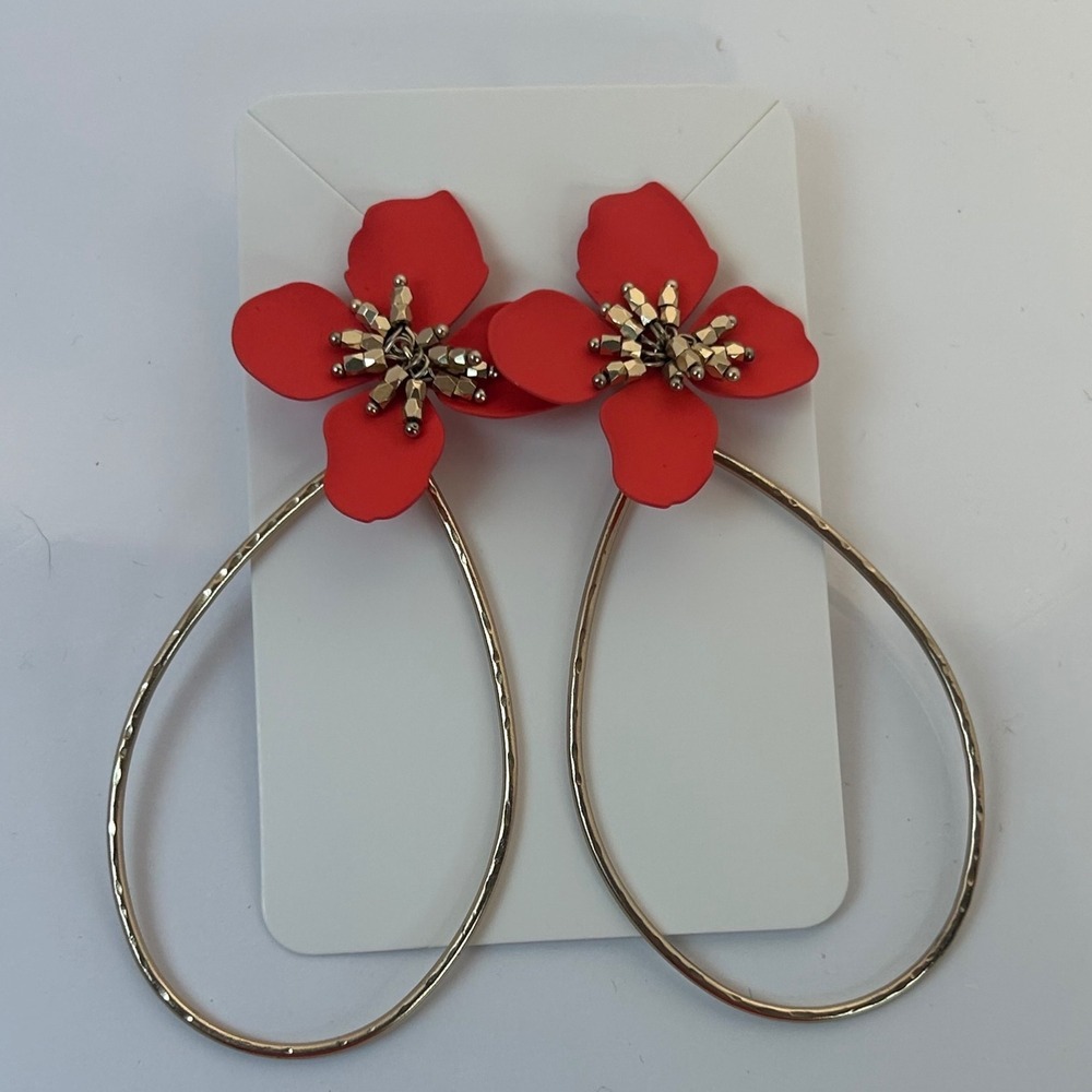 Dainty Red Flower Hoop Earrings Gold Tone‎ Beaded Accent Women's Fashion Jewelry